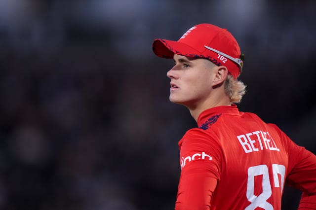 Jacob Bethell looks up during England's first T20n international against Australia in 2024.