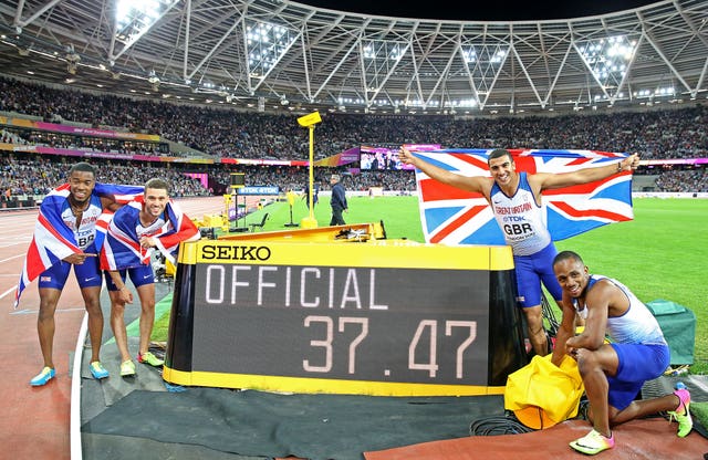 Nethaneel Mitchell-Blake, Daniel Talbot, Adam Gemili and CJ Ujah after winning gold in 2017