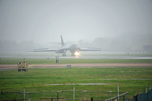 A United States Air Force Rockwell B-1 Lancer Bomber arrives at RAF Fairford in Gloucestershire