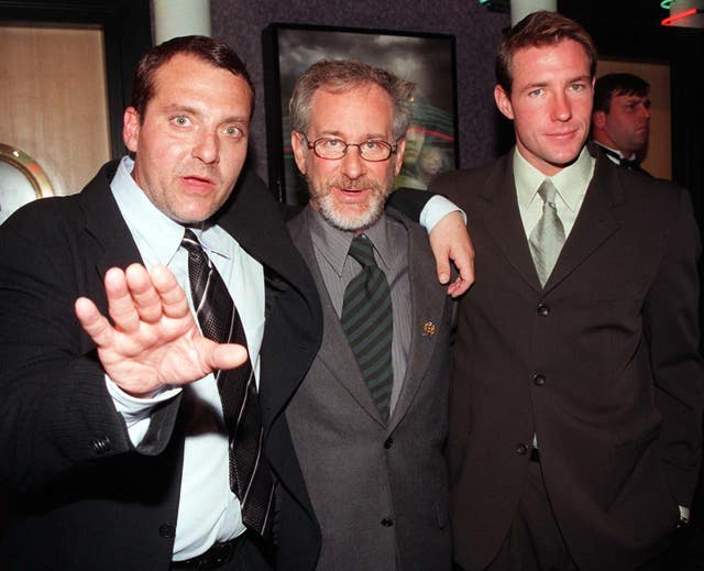 Director Steven Spielberg flanked by two stars of his latest film, Tom Sizemore, left, and Edward Burns, at the Empire in London’s Leicester Square for the UK premiere of Saving Private Ryan in 1998 