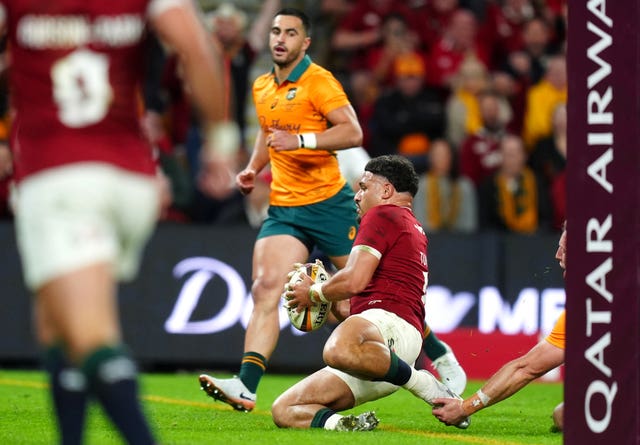 British and Irish Lions’ Sione Tuipulotu scores their side’s first try
