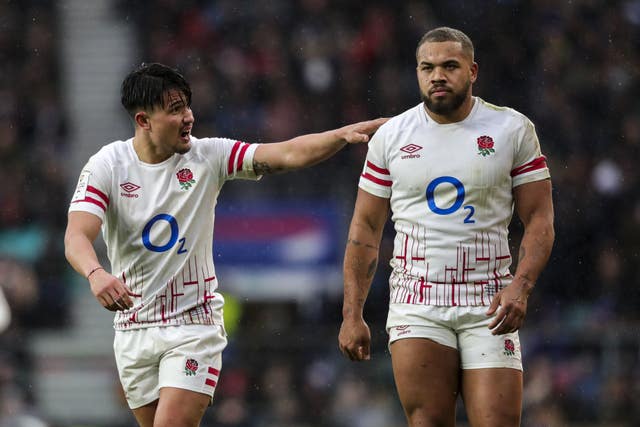 Marcus Smith (left) remains in the selection picture against Ireland but Ollie Lawrence (left) has been ruled out by injury