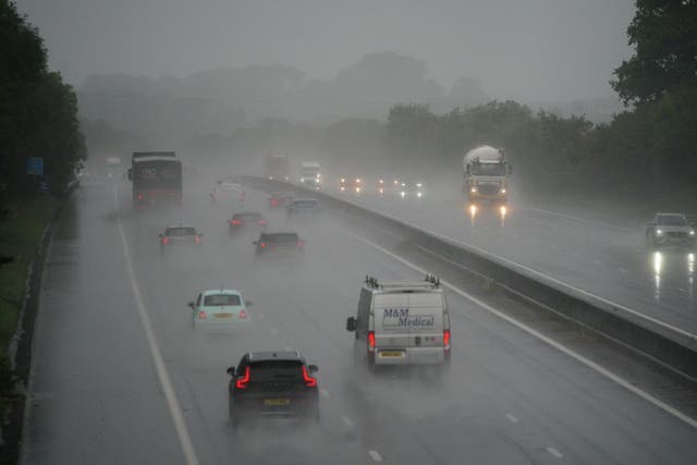 Rain falls on the M5 near Taunton, Somerset 
