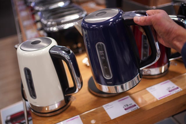 Kettles on sale in a Currys shop in London