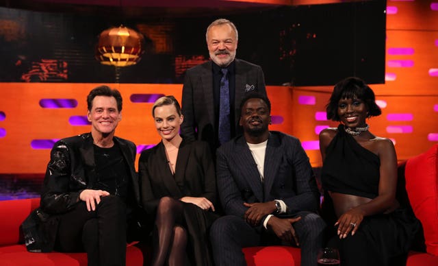 Graham Norton with (seated left to right) Jim Carrey, Margot Robbie, Daniel Kaluuya and Jodie Turner-Smith