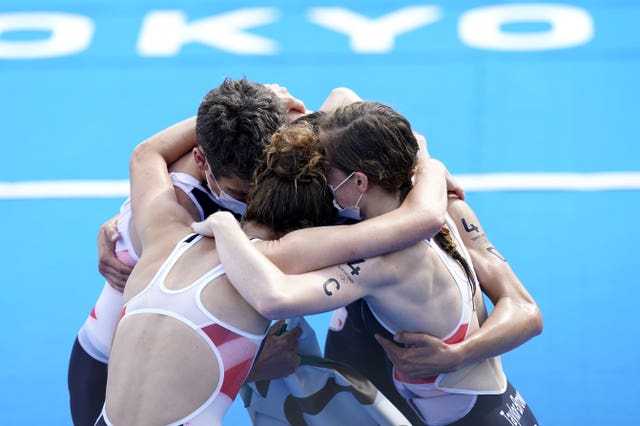 Jonathan Brownlee, Alex Yee, Jessica Learmonth and Georgia Taylor-Brown celebrated gold in the triathlon mixed relay for Great Britain