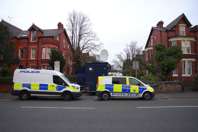 Police activity in Rutland Avenue in Sefton Park, after an explosion at the Liverpool Women’s Hospital killed one person and injured another on Sunday. 