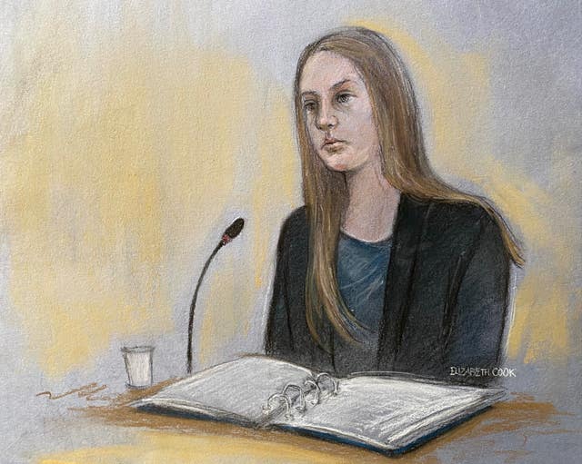 Court artist drawing of Lucy Letby giving evidence during her trial 