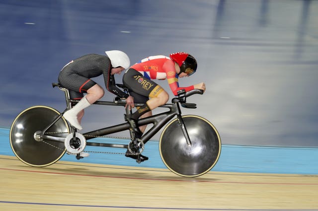 Black Line’s Lora Fachie (left) and Storey Racing’s Corrine Hall on their way to winning the Women’s Individual Pursuit – Para B Final during day two of the National Track Championships in Manchester