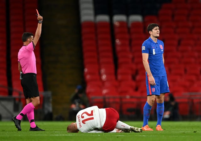 Harry Maguire was sent off for England against Denmark last month