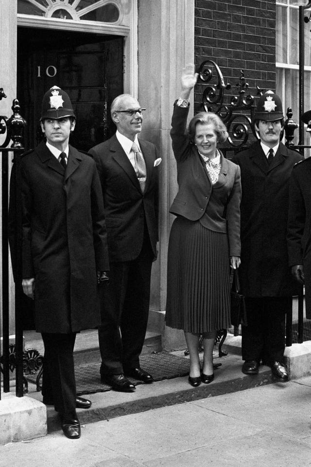 Margaret Thatcher arriving for the first time as prime minister at 10 Downing Street, London, with her husband Denis Thatcher 
