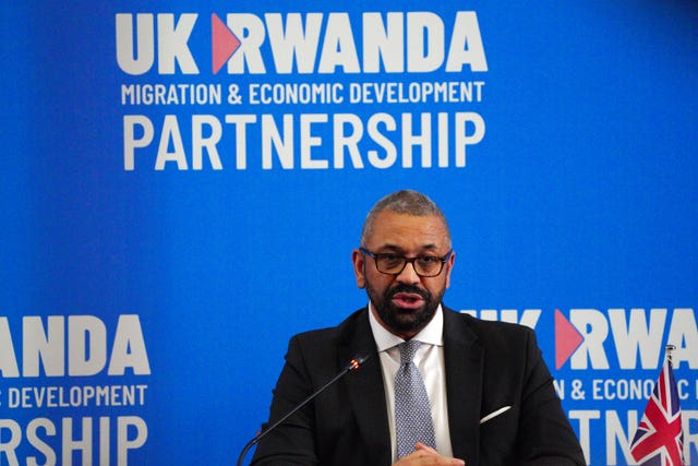 Then-home secretary James Cleverly speaks during a press conference with Rwandan minister of foreign affairs Vincent Biruta (Ben Birchall/PA)