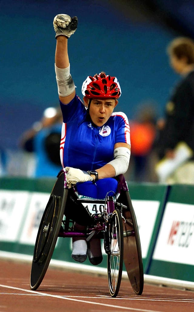 Great Britain’s Tanni Grey-Thompson celebrates after winning the Women’s 800 metres T53 final at the 2000 Paralympic Games in Sydney