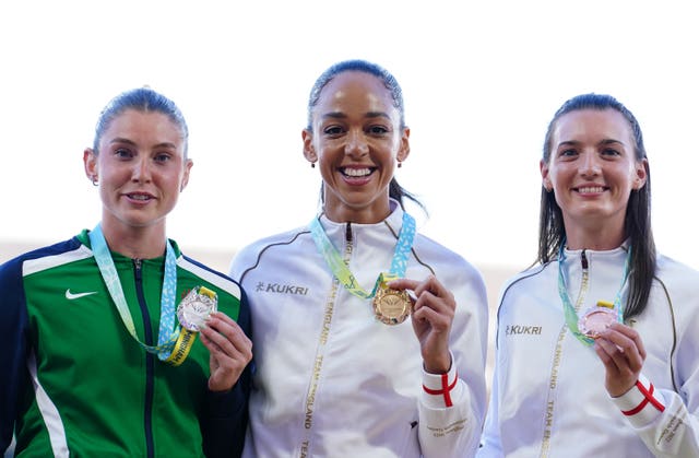 Silver medalist Northern Ireland’s Kate O’Connor (left), gold medalist England’s Katarina Johnson-Thompson (centre) and bronze medalist England’s Jade O’Dowda on the podium for the Women’s Heptathlon at Alexander Stadium on day seven of the 2022 Commonwealth Games in Birmingham. 