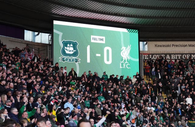 The scoreboard after Plymouth's victory over Liverpool in round four (Adam Davy/PA)