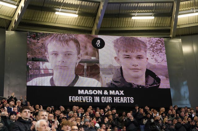 A tribute on the big screen for Mason Rist and Max Dixon during a Bristol City match at Ashton Gate (PA)