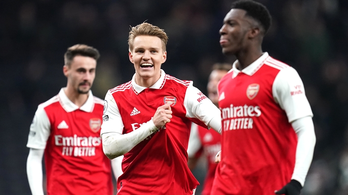 Arsenal’s Martin Odegaard (centre) celebrates his goal (Nick Potts/PA)