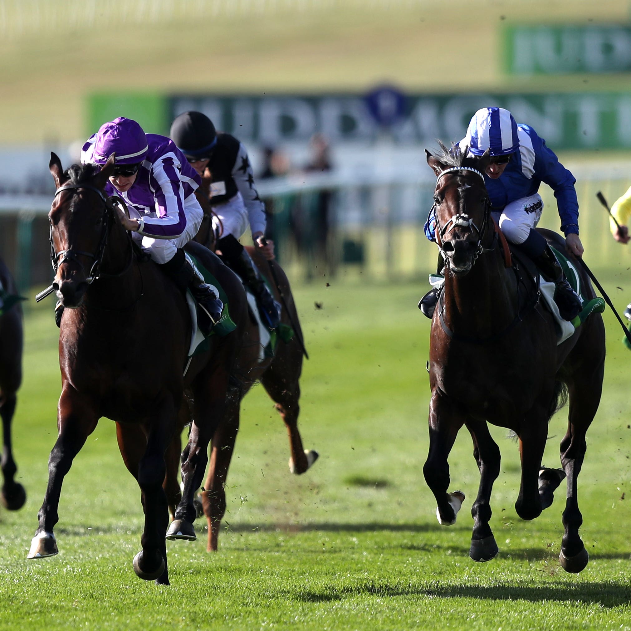 Jash (blue and white cap) found only Ten Sovereigns too good in the Middle Park Stakes