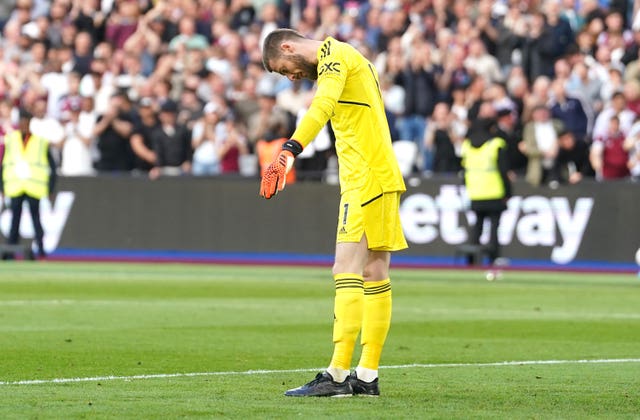 David de Gea looks dejected after conceding a goal to West Ham United’s Said Benrahma, not pictured
