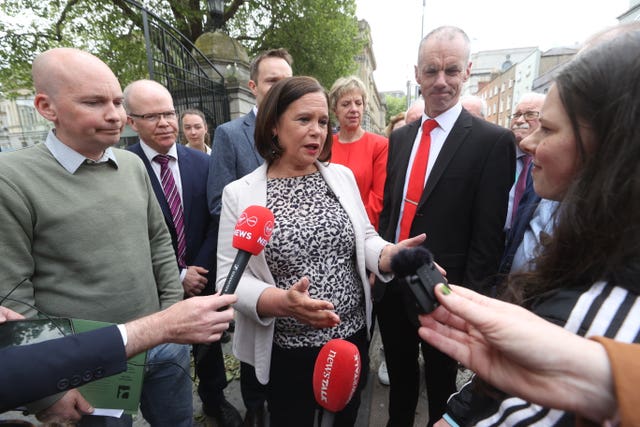Cara Darmody with Sinn Fein leader Mary Lou McDonald and other opposition leaders outside the Dail