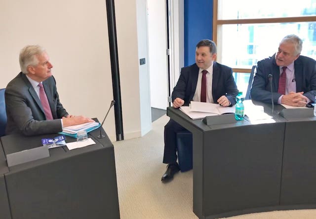 UUP handout photo of Robin Swann and MEP Jim Nicholson (right) meeting the European Union’s chief negotiator Michel Barnier (left) in Strasbourg (Ulster Unionist Party/PA)