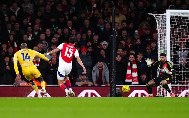 Jean-Philippe Mateta, left, opens the scoring for Crystal Palace