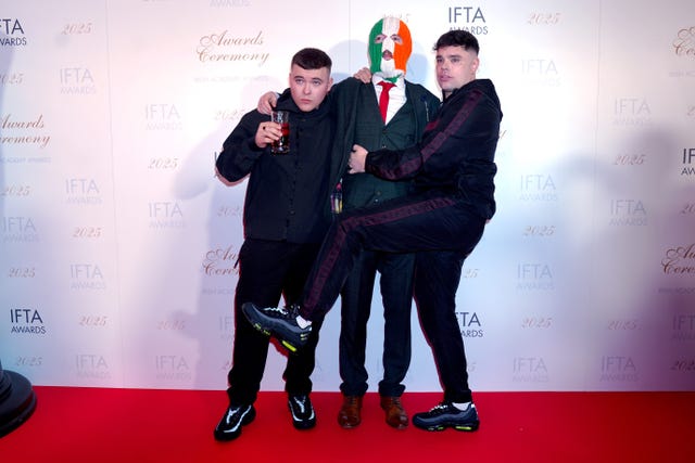 (left to right) members of Kneecap, Mo Chara, JJ O’Dochartaigh and Moglai Bap on the red carpet 