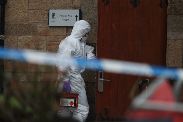 Royal Logistic Corps bomb disposal personnel outside the University of Glasgow’s mail room 