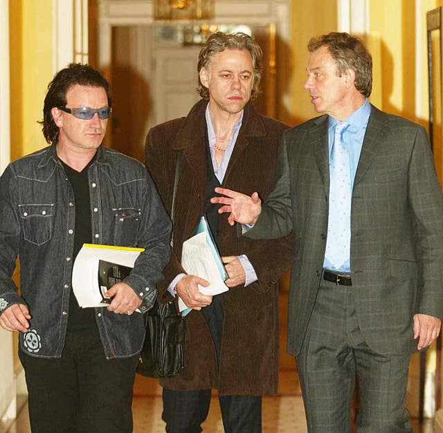 Tony Blair with Bob Geldof and Bono in No 10 Downing Street