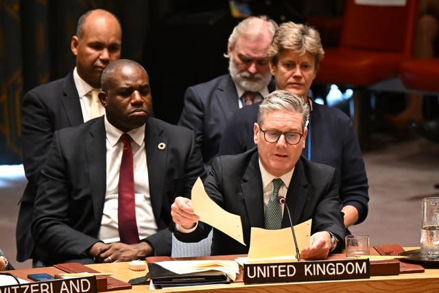 David Lammy watches on as Sir Keir Starmer speaks at the UN General Assembly