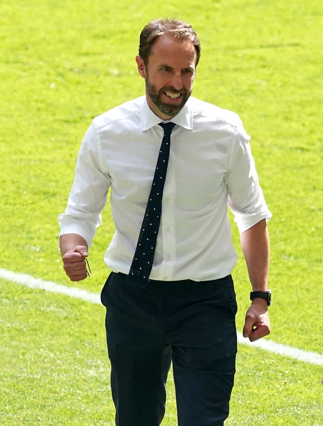 England manager Gareth Southgate celebrates victory after the final whistle during the UEFA Euro 2020 Group D match at Wembley Stadium, London