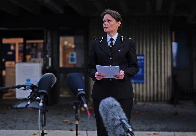 Assistant Chief Constable Nikki Leaper reads a statement outside Crownhill police station in Plymouth