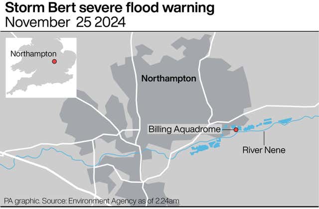 Map of Northampton showing Storm Bert severe flood warning