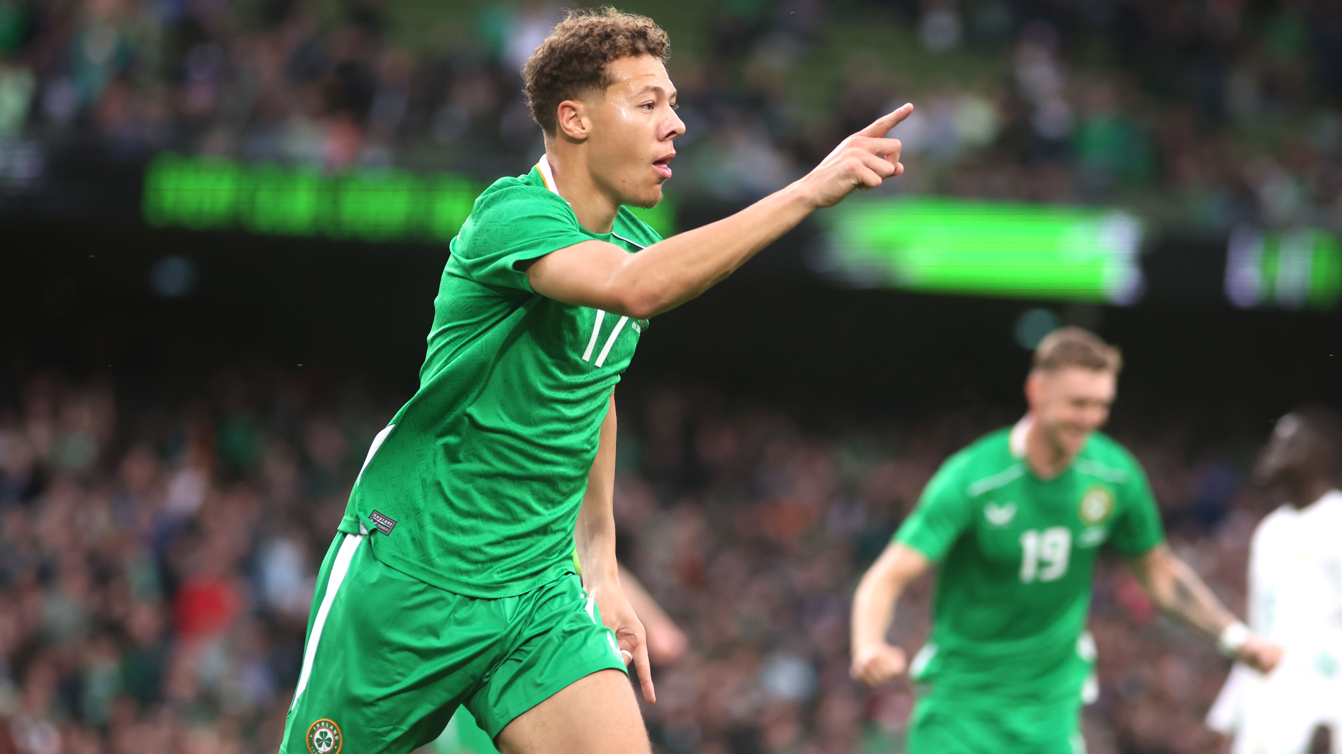 Republic of Ireland’s Kasey McAteer celebrates after scoring (Evan Treacy/PA)
