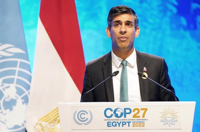 Prime Minister Rishi Sunak addresses delegates during the Cop27 summit at Sharm el-Sheikh, Egypt