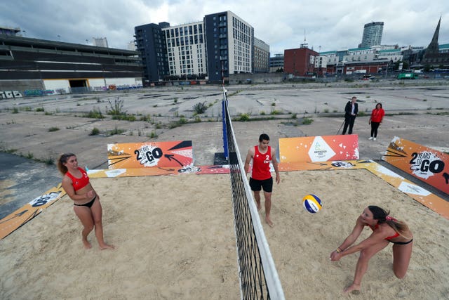 Team England players play beach volleyball during a demonstration at Smithfield in central Birmingham