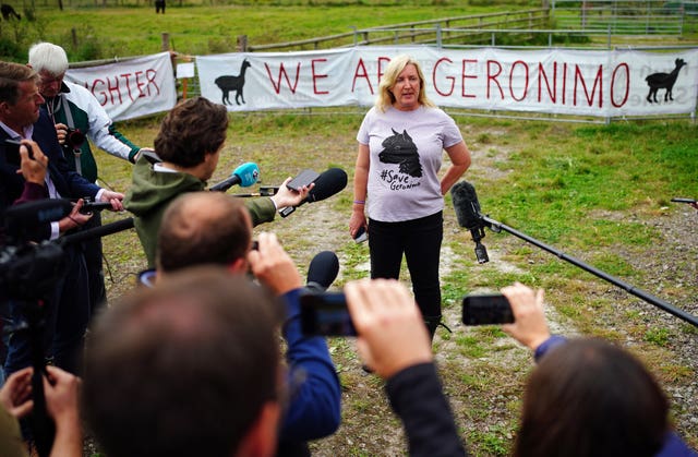 Helen Macdonald speaks to the media at her farm (Ben Birchall/PA)