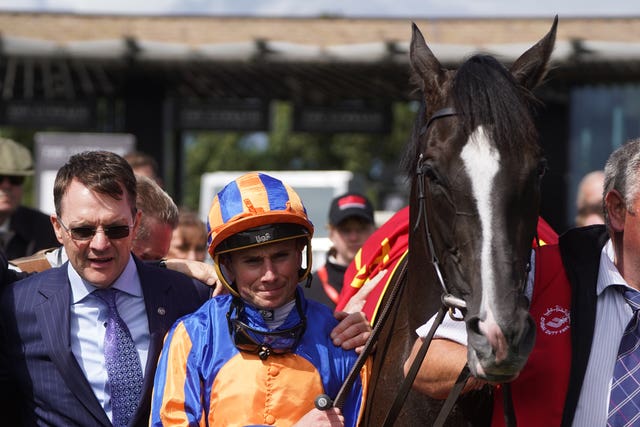Auguste Rodin with trainer Aidan O’Brien (left) and jockey Ryan Moore