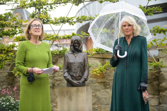 The Duchess of Cornwall, known as the Duchess of Rothesay when in Scotland, with patron Kirsty Wark during a visit to the first Maggie’s cancer support centre at Western General Hospital in Edinburgh to celebrate the charity’s 25th anniversary