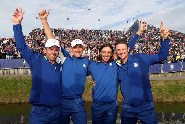 Team Europe’s (left-right) Paul Casey, Ian Poulter, Tommy Fleetwood and Justin Rose celebrate