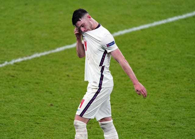England’s Declan Rice walks off dejected as he is substituted during the UEFA Euro 2020 final against Italy