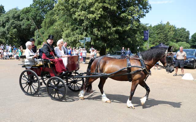 Camilla and Dame Judi ride in a horse and carriage