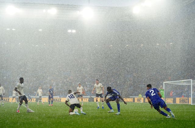 Heavy rain falls at the King Power Stadium 