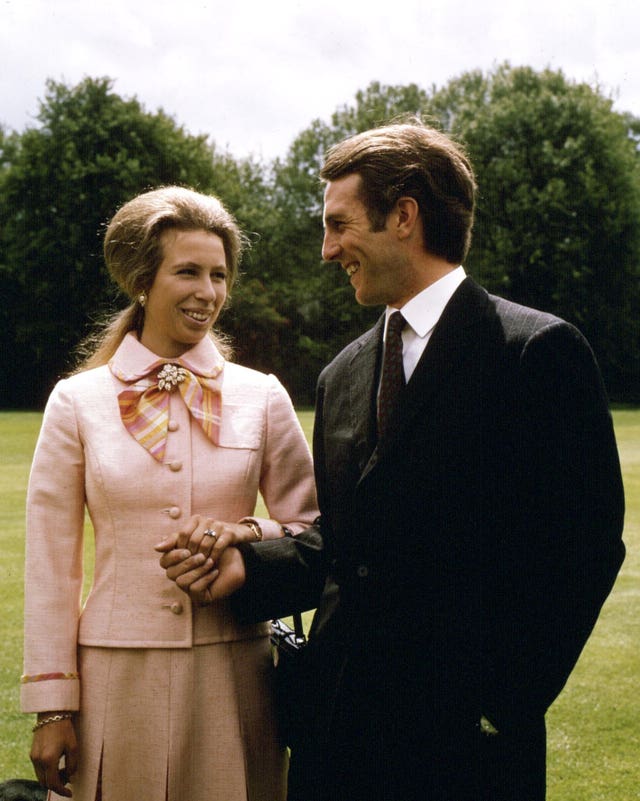 Princess Anne and Captain Mark Phillips at Buckingham Palace, London, in 1973 after their engagement was announced (PA)