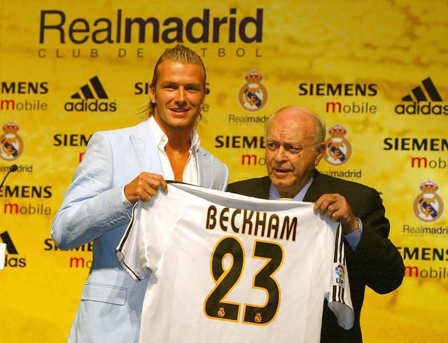David Beckham, left, at his Real Madrid unveiling in July 2003 (Martin Rickett/PA)
