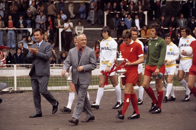 Liverpool took on Leeds under new boss Brian Clough (left) back at Wembley in August 1974