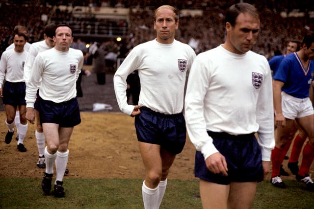 Former England and Manchester United team-mates Sir Bobby Charlton (second from right) and the late Nobby Stiles (third from right) have been affected by dementia
