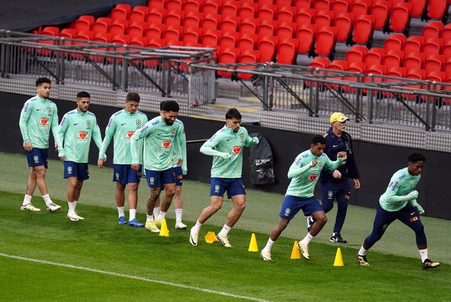Brazil players during a training session at Wembley