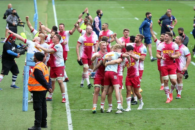Harlequins players celebrate after stunning Bristol Bears in extra-time during a 43-36 triumph at Ashton Gate
