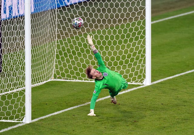England goalkeeper Jordan Pickford fails to stop a penalty from Leonardo Bonucci